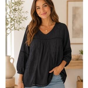 Monoreno Embroidered Top Womens Large Black Semi Sheer Coastal Boho Beachy